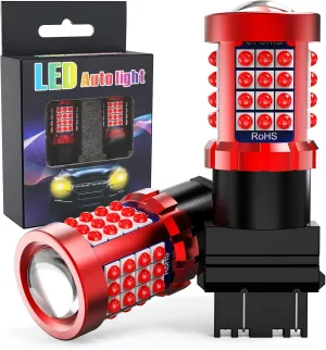 9-80V 3157 Red LED Bulb for Brake Light, Ultra Bright 3156 Led Bulb with Projector Lens, T25 3056 3057 Led Bulbs for Stop Parking Tail Light, 3030 57-SMD, 360°Lighting, Pack of 2