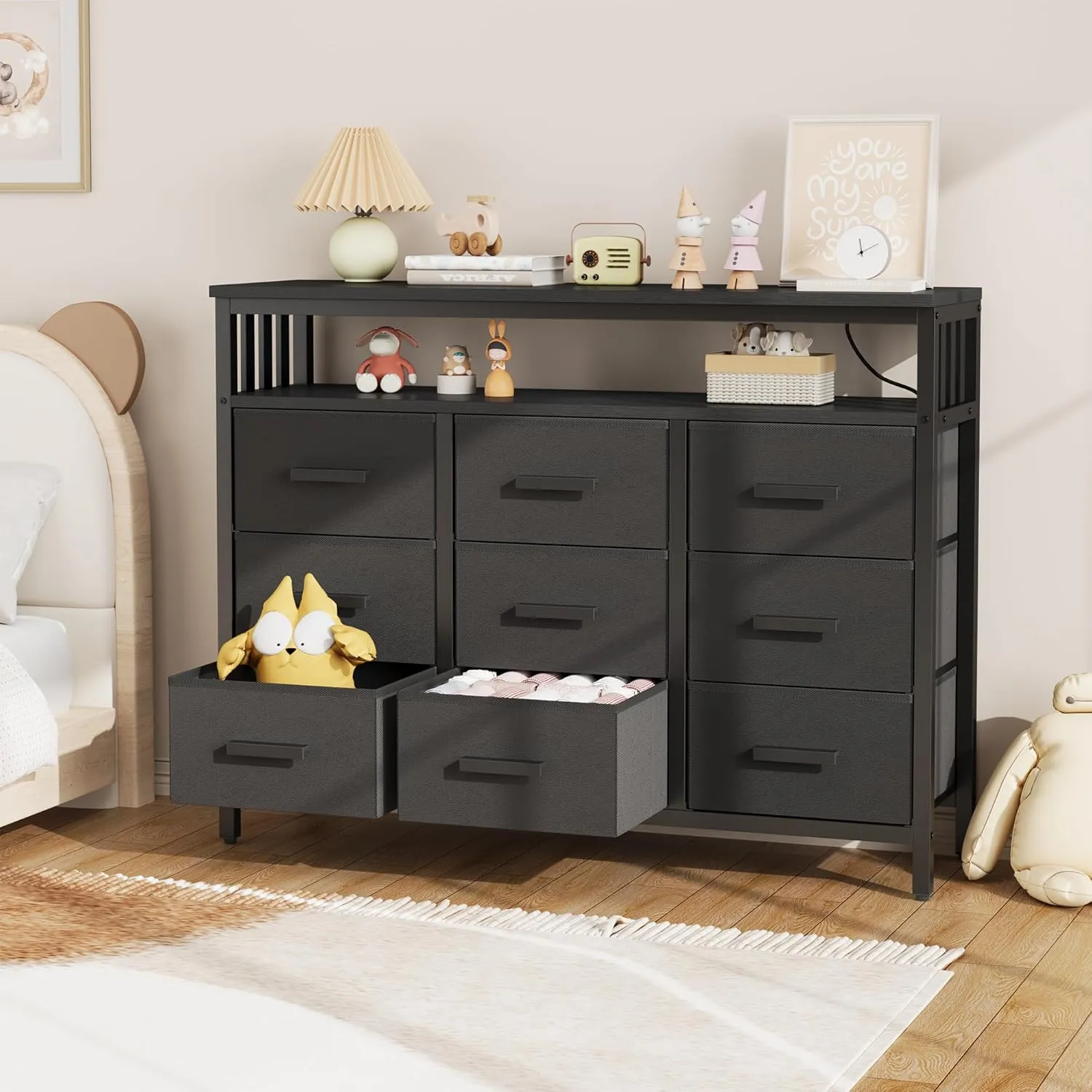 9 Drawer Dresser TV Stand with LED Lights & Power Outlets, Entertainment Center with Open Shelf, Media Console for 50” TV, Large Storage Dresser for Bedroom (Black)