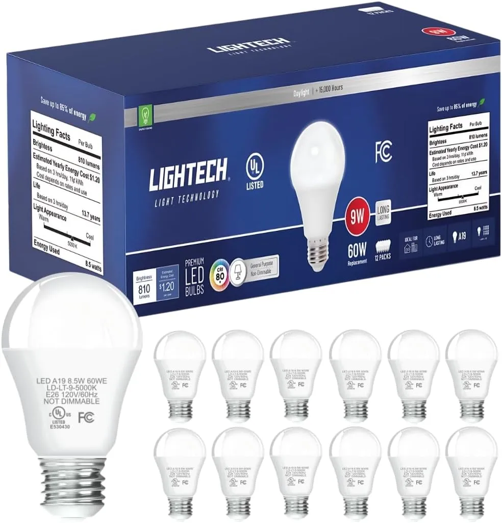 A19 LED Light Bulbs, 12 Pack, 60W Equivalent, 9W Daylight 5000K LED Light Bulb, 810 LM, Bedroom, Living Room, Office, Garage, Daylight LED Light Bulbs, Light Bulbs, Non-Dimmable, E26, UL Listed