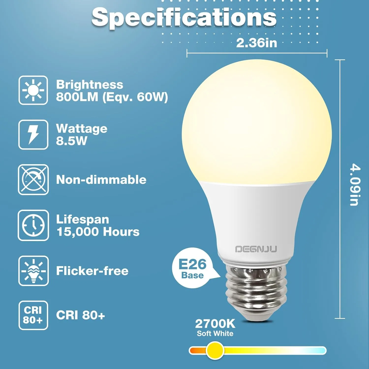 A19 LED Light Bulbs, 60 Watt Equivalent LED Bulb, 2700K Soft White 800Lumen Light Bulb 8.5W, Non-Dimmable Lighting E26 Base, CRI 80 , 15000  Hours Lifespan, Pack of 24
