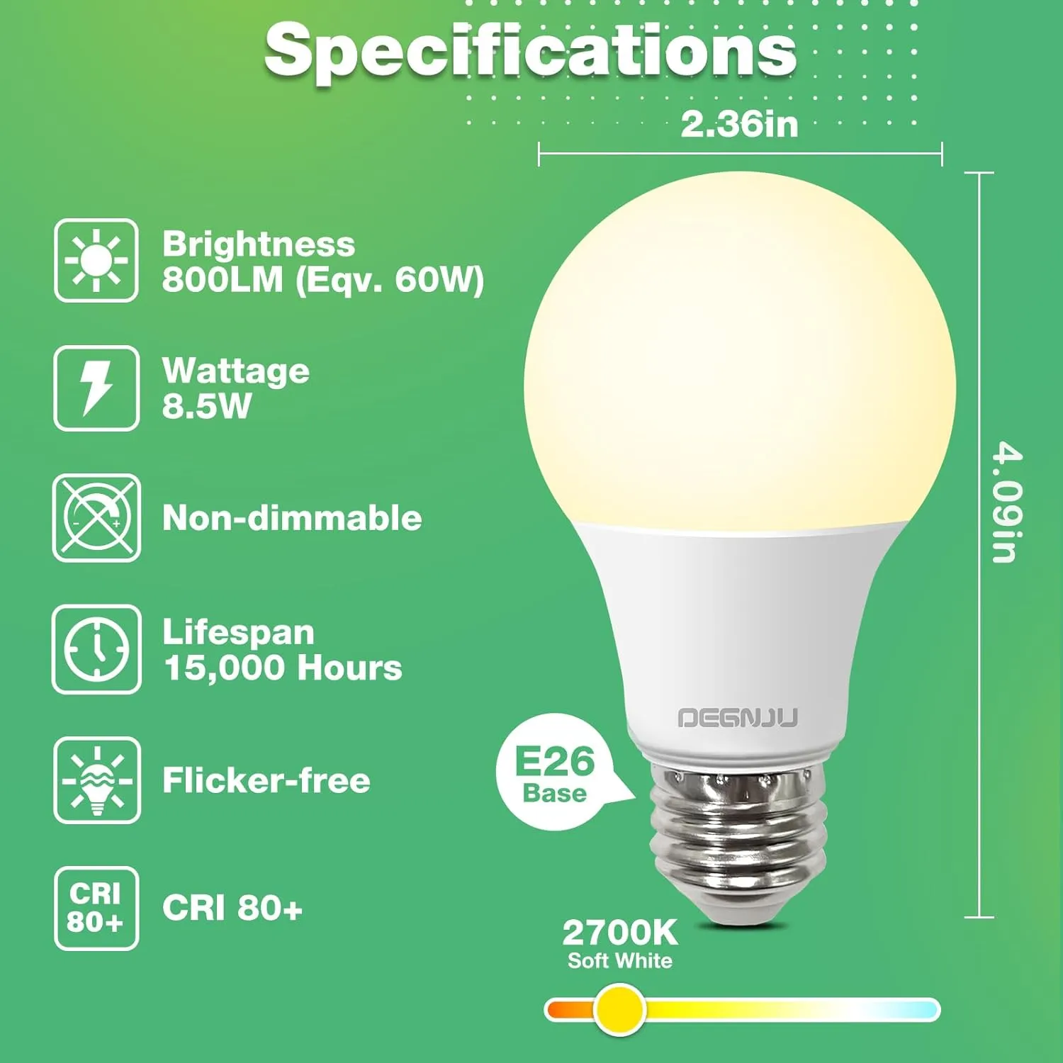 A19 LED Light Bulbs, 60 Watt Equivalent LED Bulbs, Soft White 2700K, 800 Lumens, E26 Standard Base, Non-Dimmable, 8.5W Warm White LED Bulbs for Bedroom Living Room, 12 Pack