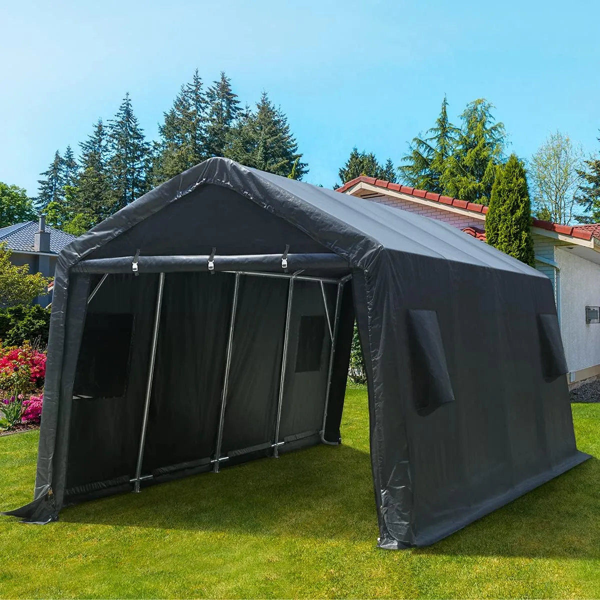 ADVANCE OUTDOOR Heavy Duty 10x20 ft Carport Outdoor Patio Portable Canopy Storage Shelter Shed with 2 Roll up Zipper Doors & Vents for Snowmobile Garden Tools, Gray