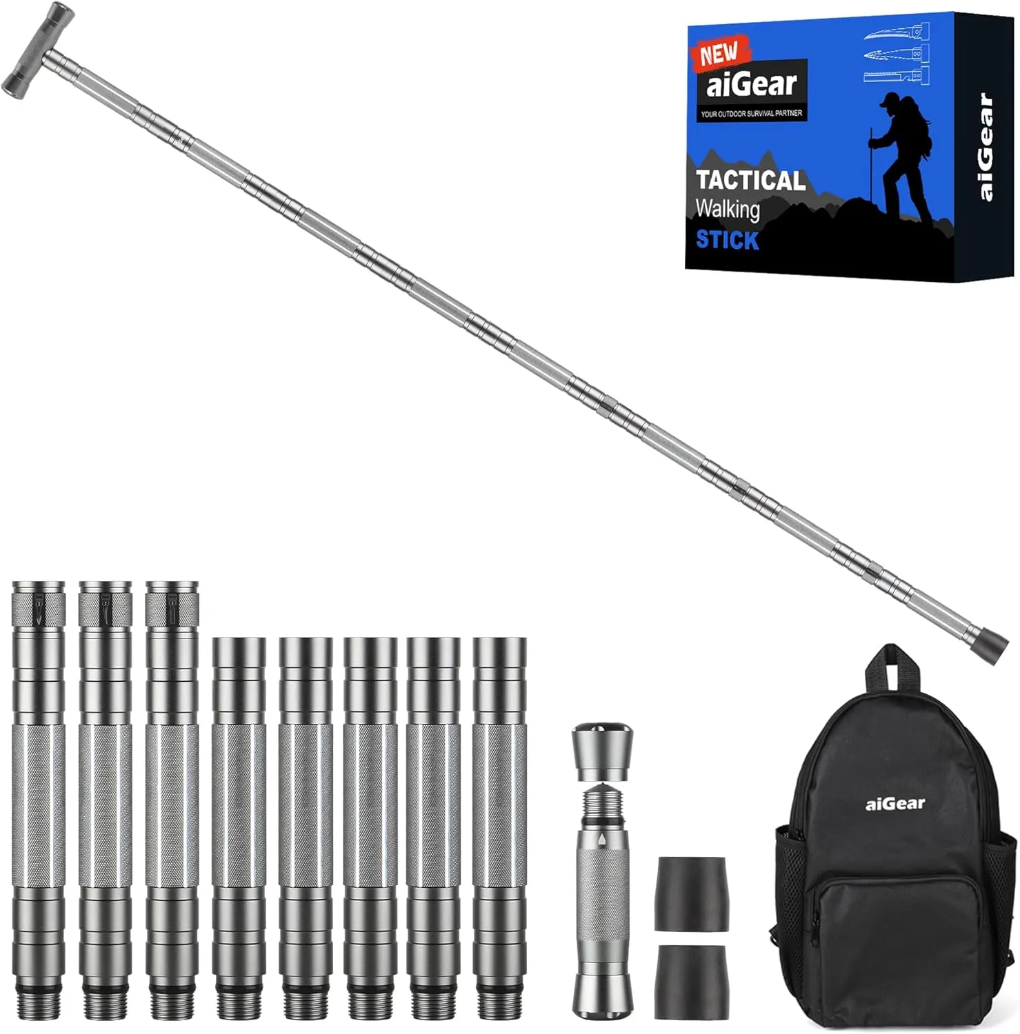 aiGear Tactical Hiking Stick- Trekking Poles Outdoor Tactical Staff Adjustable Hiking Stick for Survival Camping Hiking