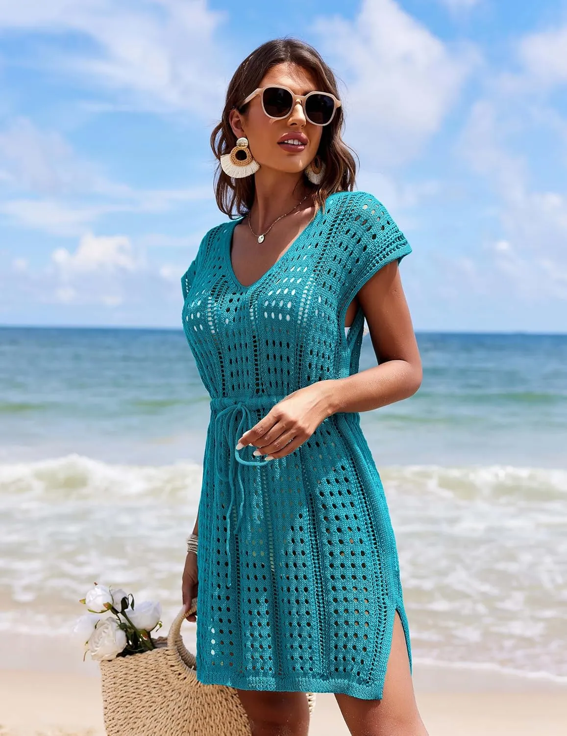 AI'MAGE Women's Crochet Cover Up Hollow Out Swimsuit Coverup V Neck Beachwear with Drawstring S-3XL