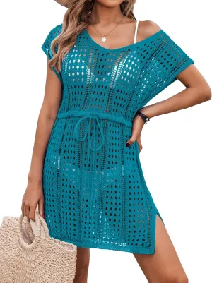 AI'MAGE Women's Crochet Cover Up Hollow Out Swimsuit Coverup V Neck Beachwear with Drawstring S-3XL