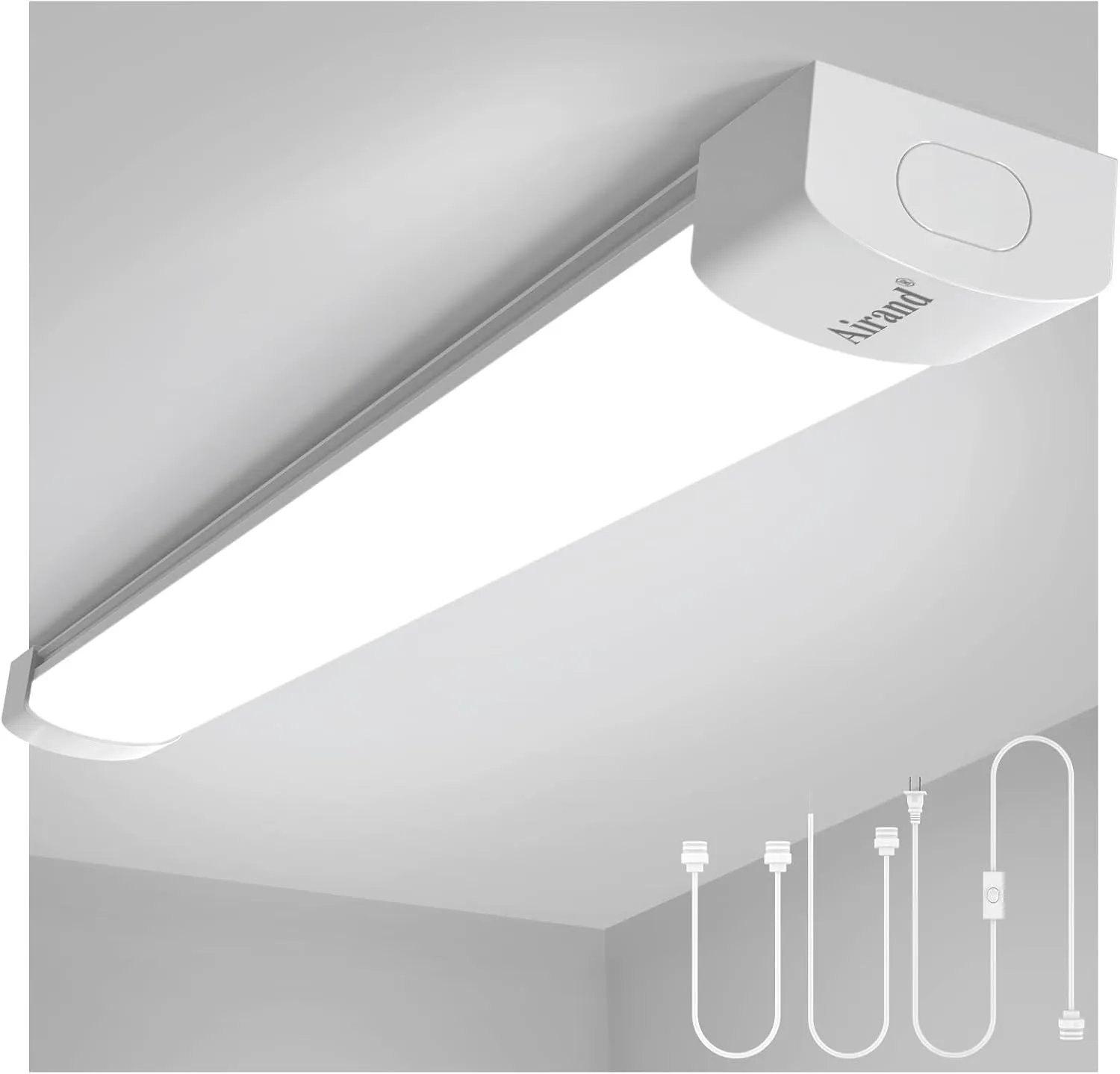 Airand Ceiling Lights LED Plug in 2ft Flushmount LED Tube Light 5000K Linkable Garage Light Fixture 18W Wraparound Ceiling Lamp Utility Shop Light Corded Under Cabinet Light with ON/Off Switch