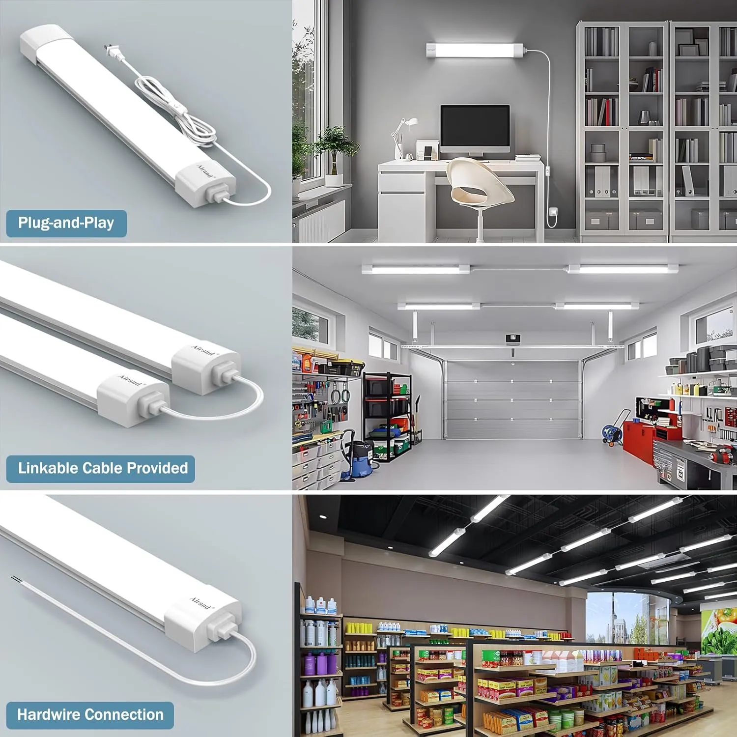Airand Ceiling Lights LED Plug in 2ft Flushmount LED Tube Light 5000K Linkable Garage Light Fixture 18W Wraparound Ceiling Lamp Utility Shop Light Corded Under Cabinet Light with ON/Off Switch