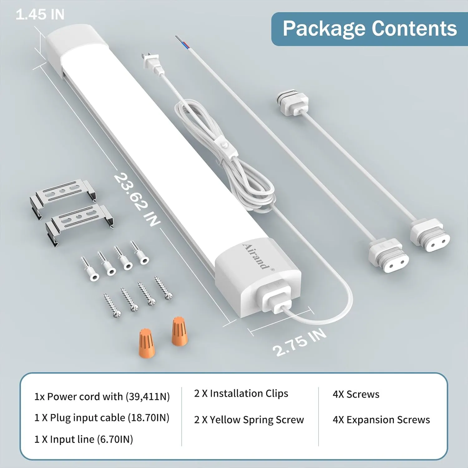 Airand Ceiling Lights LED Plug in 2ft Flushmount LED Tube Light 5000K Linkable Garage Light Fixture 18W Wraparound Ceiling Lamp Utility Shop Light Corded Under Cabinet Light with ON/Off Switch