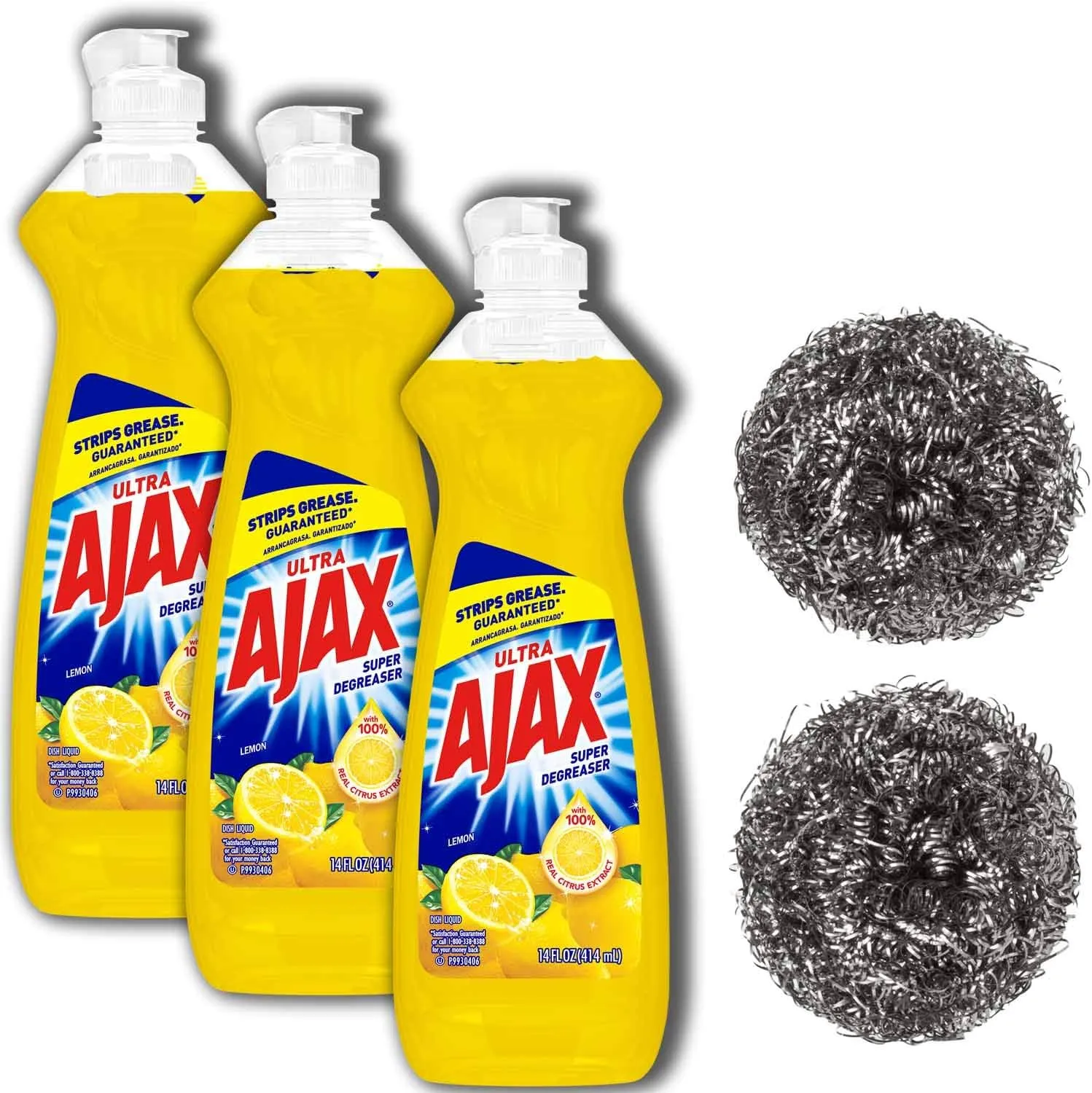 Ajax Dishwashing liquid soap Lemon Scented Super Degreaser Dish Detergent, 3 bottles of 14 Oz. each [Total of 42 Oz.] and 2 compatible Sparklen. Stainless Steel Wool Pot Scrubbers