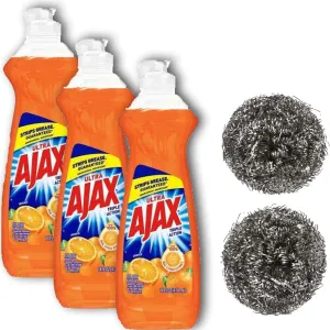 Ajax Dishwashing liquid soap Orange Scented Super Degreaser Dish Detergent, 3 bottles of 12.4 Oz. each [Total of 36 Oz.] and 2 compatible Sparklen Stainless Steel Wool Pot Scrubbers