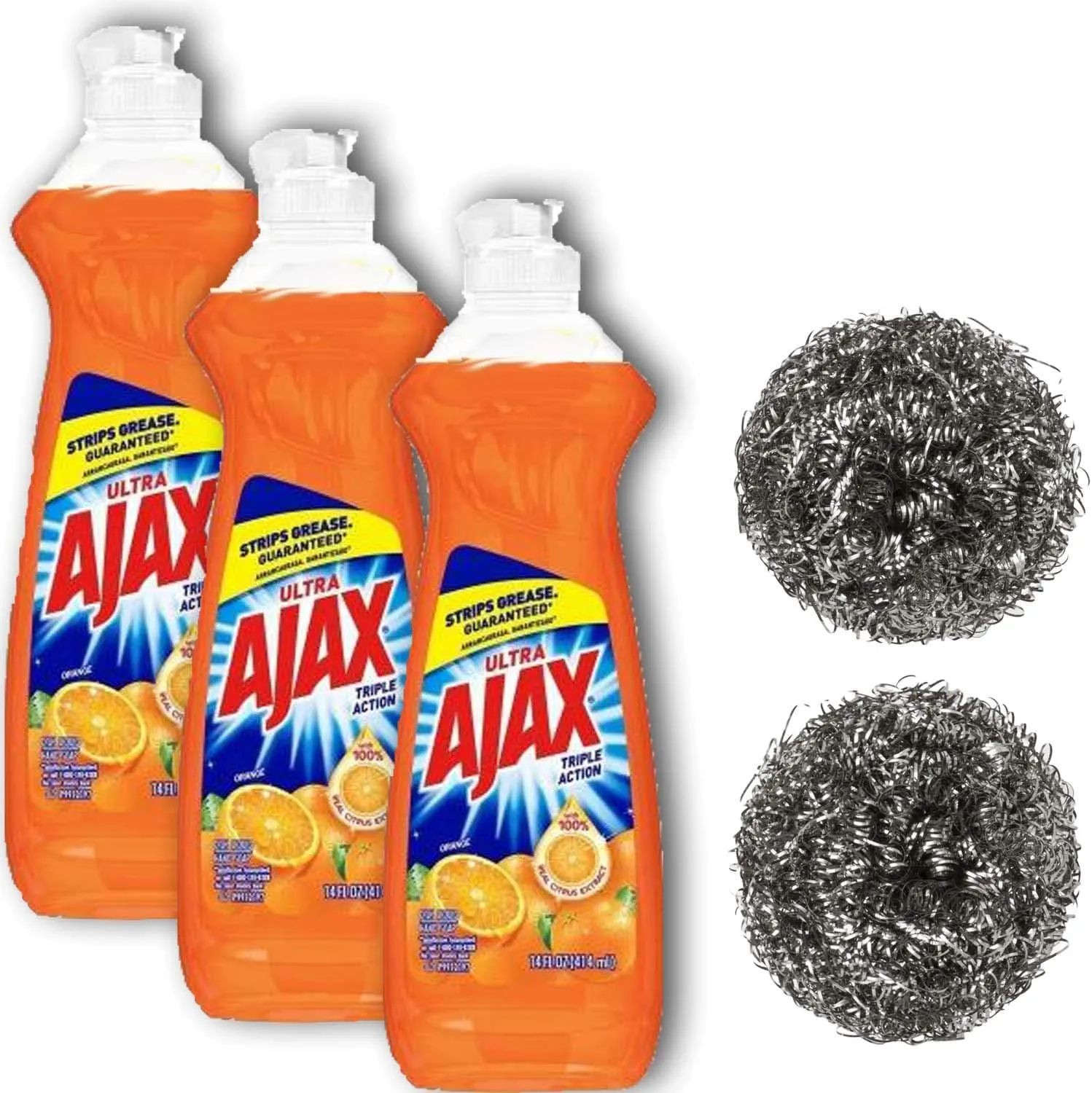 Ajax Dishwashing liquid soap Orange Scented Super Degreaser Dish Detergent, 3 bottles of 12.4 Oz. each [Total of 36 Oz.] and 2 compatible Sparklen Stainless Steel Wool Pot Scrubbers