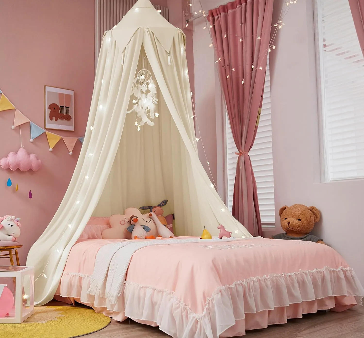 Akiky Kids Bed Canopy with Tassels Natural Crib Canopy with Light for Reading Nook Play Tent Hideaway Hanging Tent Nursery Room Decoration