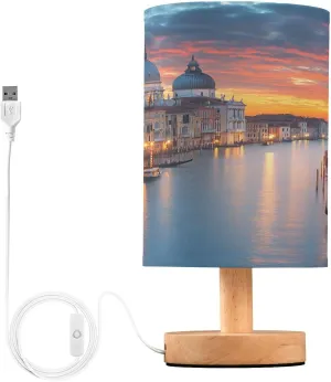 ALAZA Sunset Waterway Boat House Bedside Table Lamp for Bedroom Girls Boys Nightstand Lamps with USB Port LED Bulb Wood Base Desk Living Room Decor Gifts