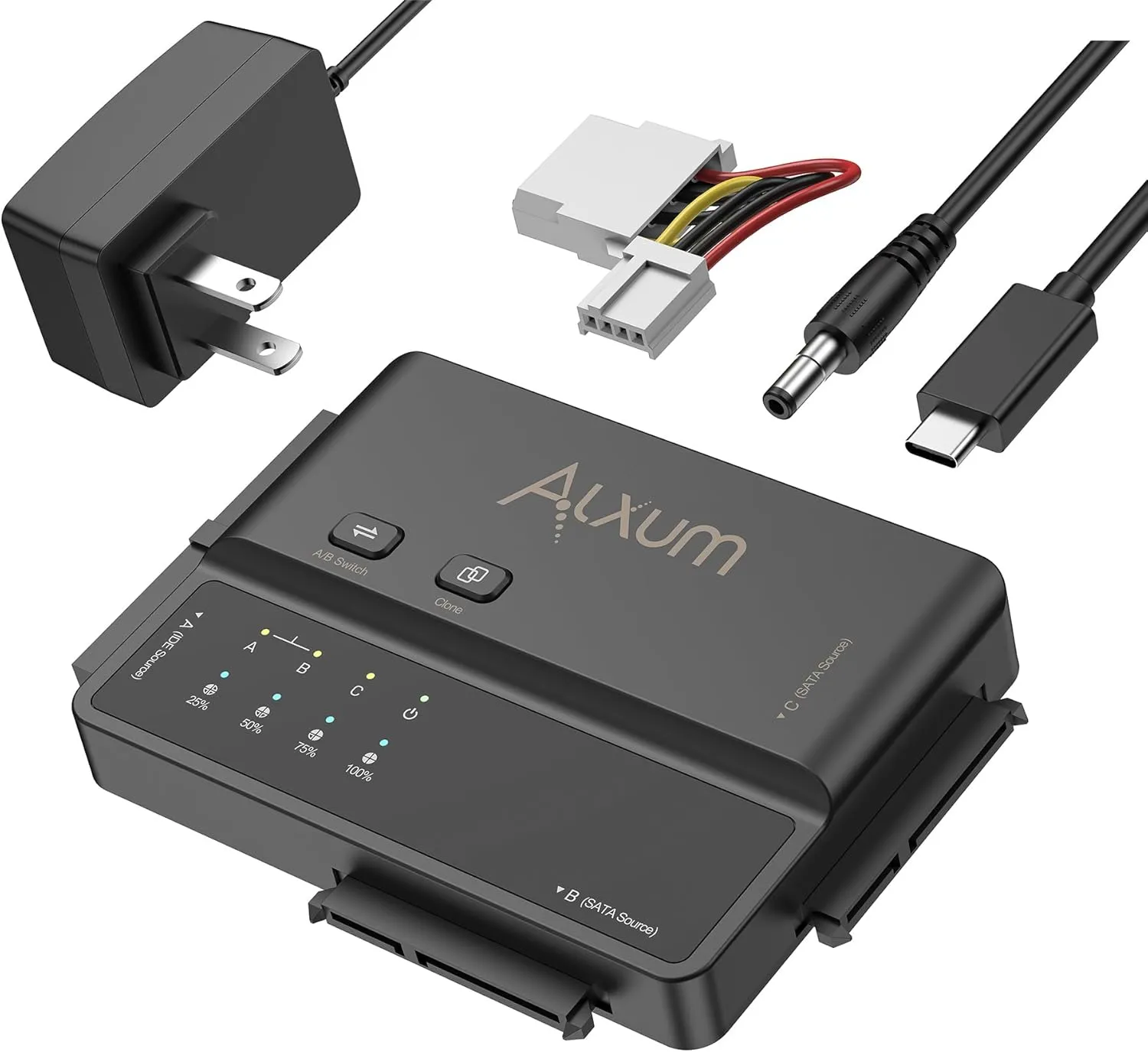 Alxum 3-in-1 USB C to SATA & IDE Adapter with Hard Drive Cloning - 5Gbps High Speed Data Transfer, Supports Simultaneous Reading of Two Drives（SATA III & IDE 133 HDD/SSD） Included 12V2A Power Adapter