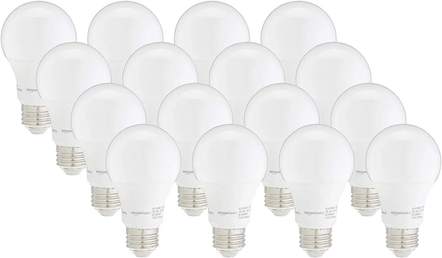 Amazon Basics A19 LED Light Bulbs, 60 Watt Equivalent, Energy Efficient 9W, E26 Standard Base, Soft White 2700K, Dimmable, 10,000 Hour Lifetime , 16-Pack
