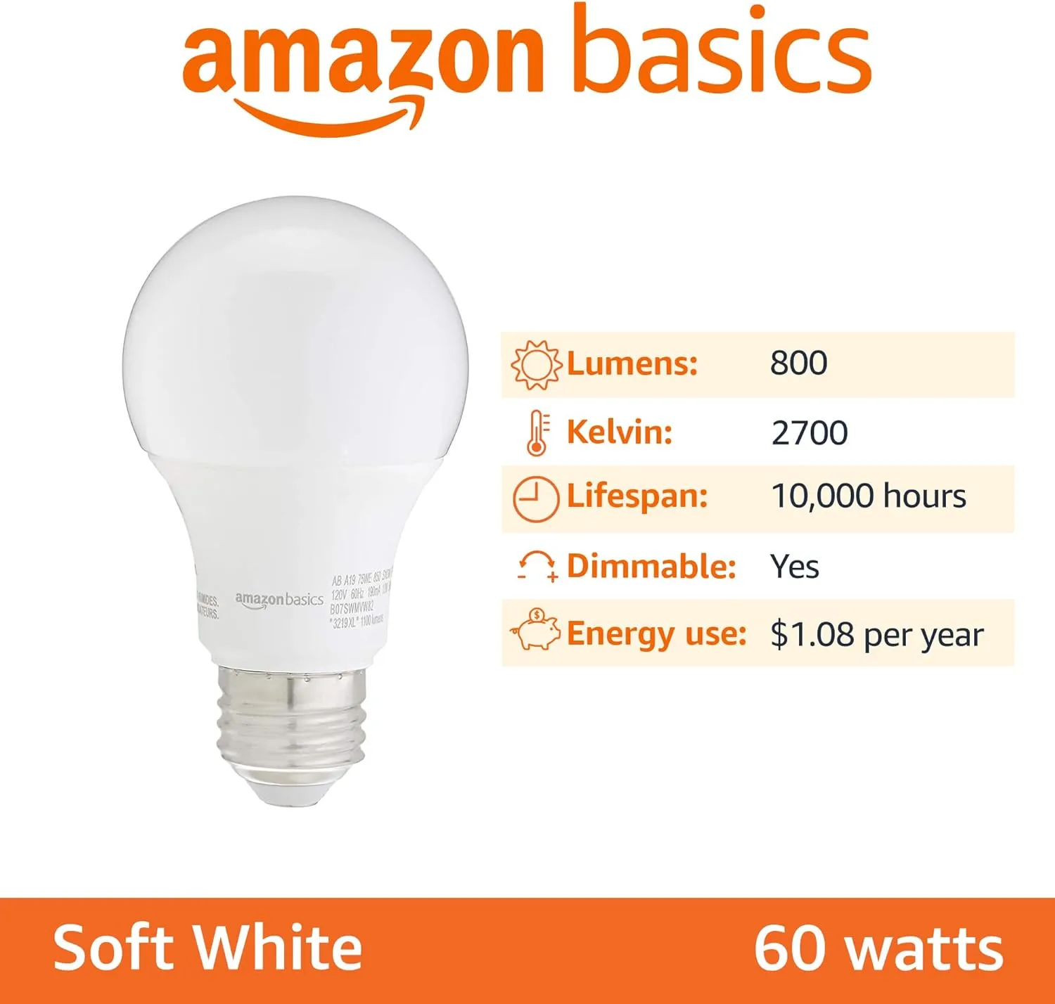 Amazon Basics A19 LED Light Bulbs, 60 Watt Equivalent, Energy Efficient 9W, E26 Standard Base, Soft White 2700K, Dimmable, 10,000 Hour Lifetime , 16-Pack