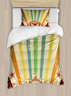 Ambesonne Vintage Rainbow Duvet Cover Set, Old Circus Carnival Advertisement Theme Stripes Stars and Fun Fair Tent, Decorative 2 Piece Bedding Set with 1 Pillow Sham, Twin Size, Beige Red
