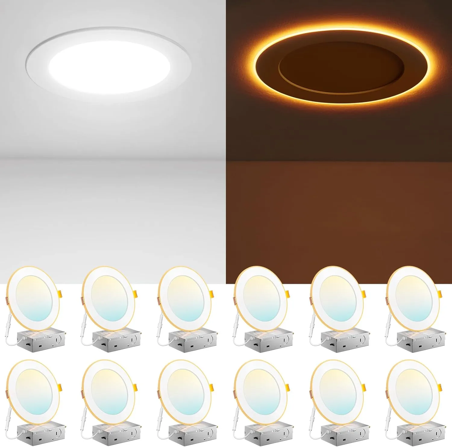 Amico 12 Pack 6 Inch 5CCT LED Recessed Ceiling Light with Night Light, 2700K/3000K/3500K/4000K/5000K Selectable Ultra-Thin Lighting, 12W=110W, 1100LM, Dimmable Canless Wafer Downlight ETL&FCC