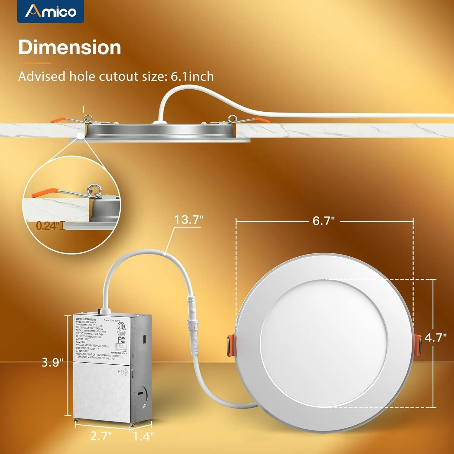 Amico 12 Pack 6 Inch 5CCT LED Recessed Ceiling Light with Night Light, 2700K/3000K/3500K/4000K/5000K Selectable Ultra-Thin Lighting, 12W=110W, 1100LM, Dimmable Canless Wafer Downlight ETL&FCC