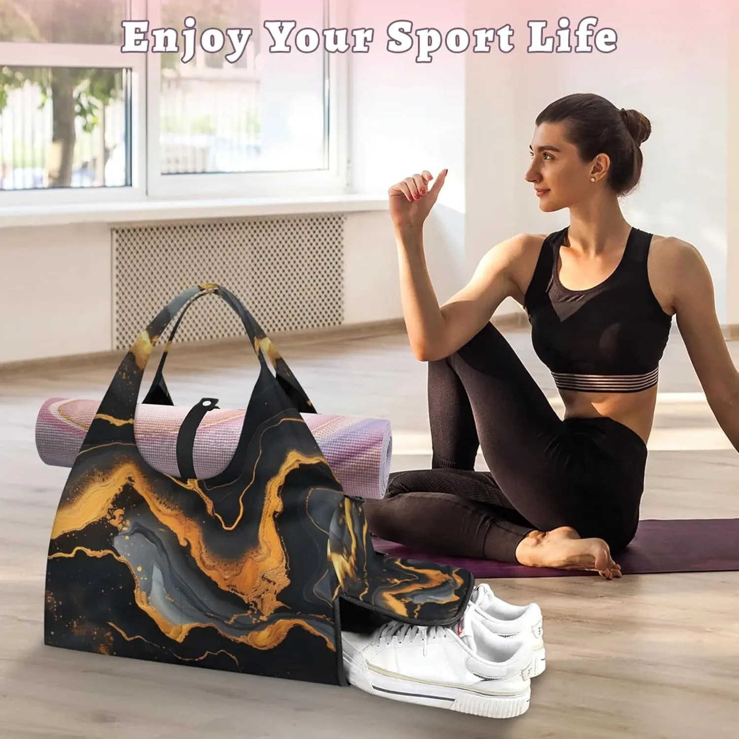 Animal Marble Paper Gym Bag Yoga Mat Tote for Women with Shoes Compartment Lightweight Duffle Travel Carrier Wet Dry Storage Pockets Adjustable Pilates Mats Shoulder Bags for Sport Swim