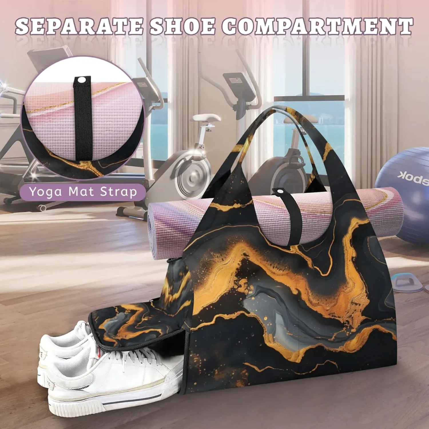 Animal Marble Paper Gym Bag Yoga Mat Tote for Women with Shoes Compartment Lightweight Duffle Travel Carrier Wet Dry Storage Pockets Adjustable Pilates Mats Shoulder Bags for Sport Swim