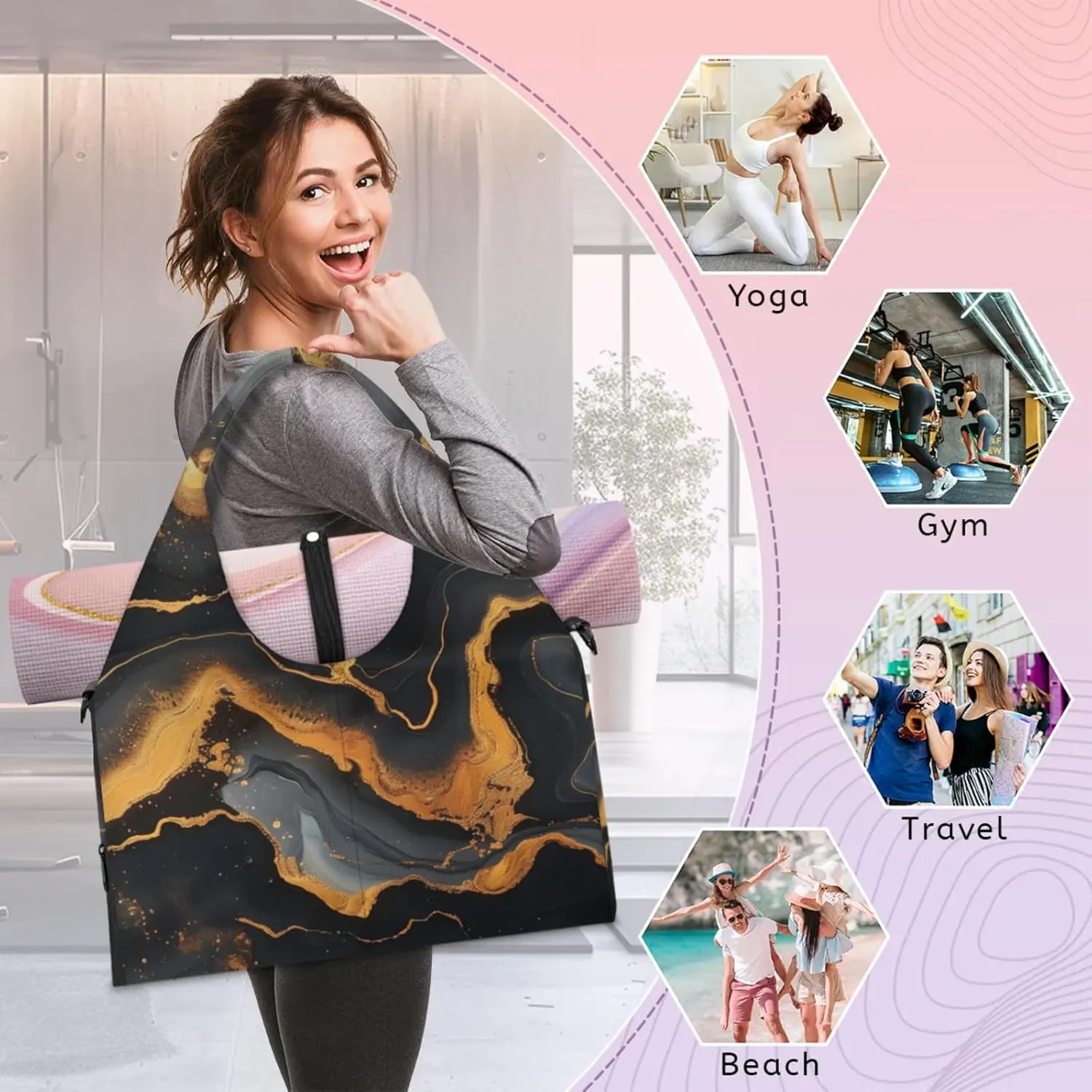 Animal Marble Paper Gym Bag Yoga Mat Tote for Women with Shoes Compartment Lightweight Duffle Travel Carrier Wet Dry Storage Pockets Adjustable Pilates Mats Shoulder Bags for Sport Swim