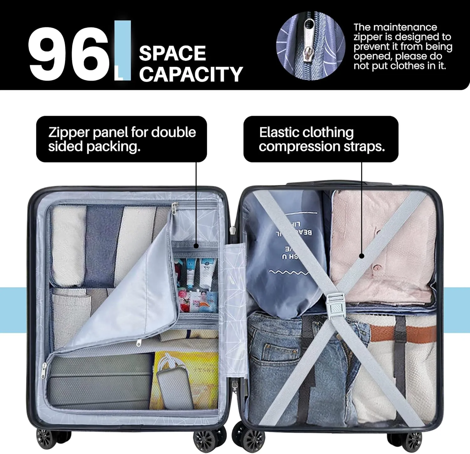 AnyZip Suitcase Hardside PC ABS Lightweight USB Luggage with Wheels TSA Lock Checked-Large 28 Inch Light Blue