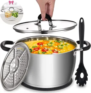 AOSION 6 Quart Stainless Steel Stockpot, Large Stock Pot with Lid for Cooking, Induction Cooking Pot for All Stoves, Dishwasher Safe, Stockpot with Silicone Trivet Mat, Steamer Rack, Spaghetti Fork