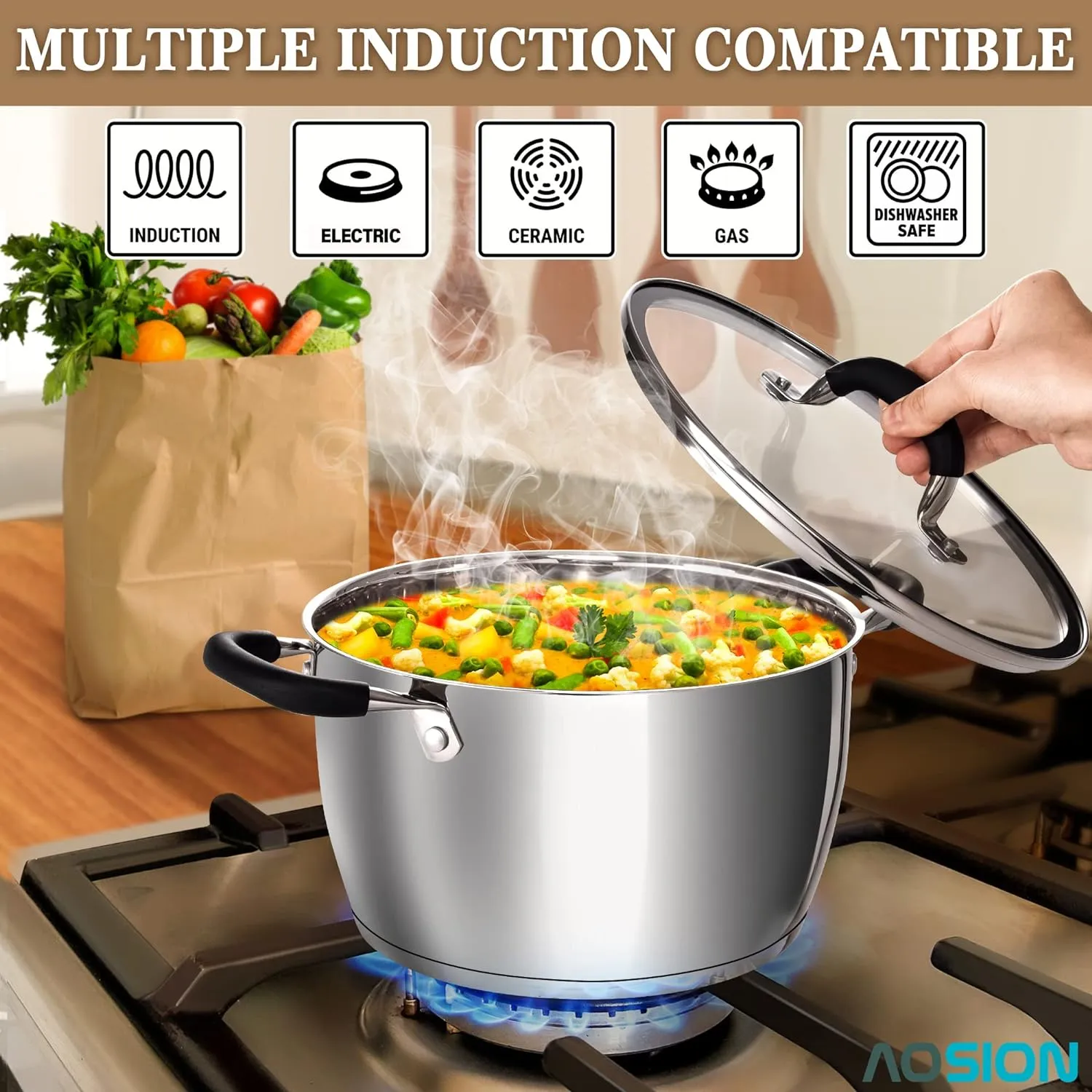 AOSION 6 Quart Stainless Steel Stockpot, Large Stock Pot with Lid for Cooking, Induction Cooking Pot for All Stoves, Dishwasher Safe, Stockpot with Silicone Trivet Mat, Steamer Rack, Spaghetti Fork