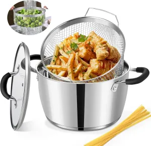 AOSION 6 Quart Stainless Steel Stockpot with Deep Fryer Basket, Stainless Steel Pot with Lid, 6QT Large Stock Pot, Induction Ready, Compatible with All Stoves, Dishwasher Safe