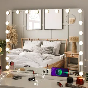 Arlopu Vanity Mirror with Light and Bluetooth, 32''x24'' Makeup Mirror w/20 Dimmable Bulbs, 3 Color Lights Touch Control, 10X Magnification and USB Charging Port