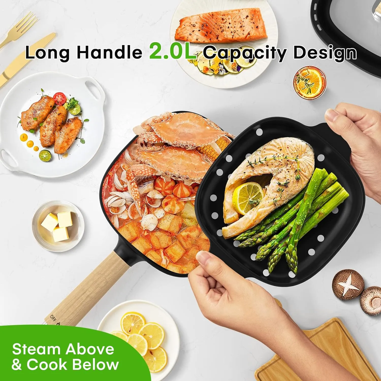 Audecook Hot Pot Electric 2L, Cermic Glaze Non-Stick Frying Pan 8 Inch, Portable Travel Cooker for Ramen/Steak/Fried Rice/Oatmeal/Soup, with Dual Power Control (Silicone Spatula Included)