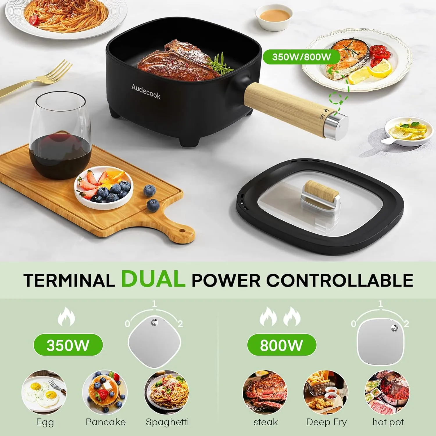 Audecook Hot Pot Electric 2L, Cermic Glaze Non-Stick Frying Pan 8 Inch, Portable Travel Cooker for Ramen/Steak/Fried Rice/Oatmeal/Soup, with Dual Power Control (Silicone Spatula Included)