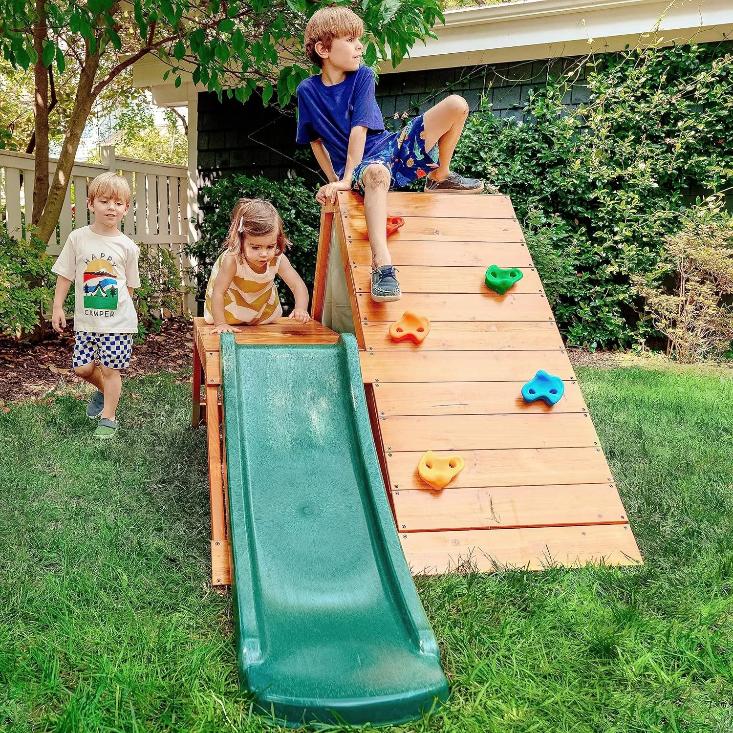Avenlur Palm Outdoor and Indoor Playground 5 in 1 Backyard Playset with Ladder, Rock Wall, 4 ft. Slide, Tent Fort, Montessori Style Play Set Climber Playhouse Toddlers, Children, Kids 2-6yr (Green)