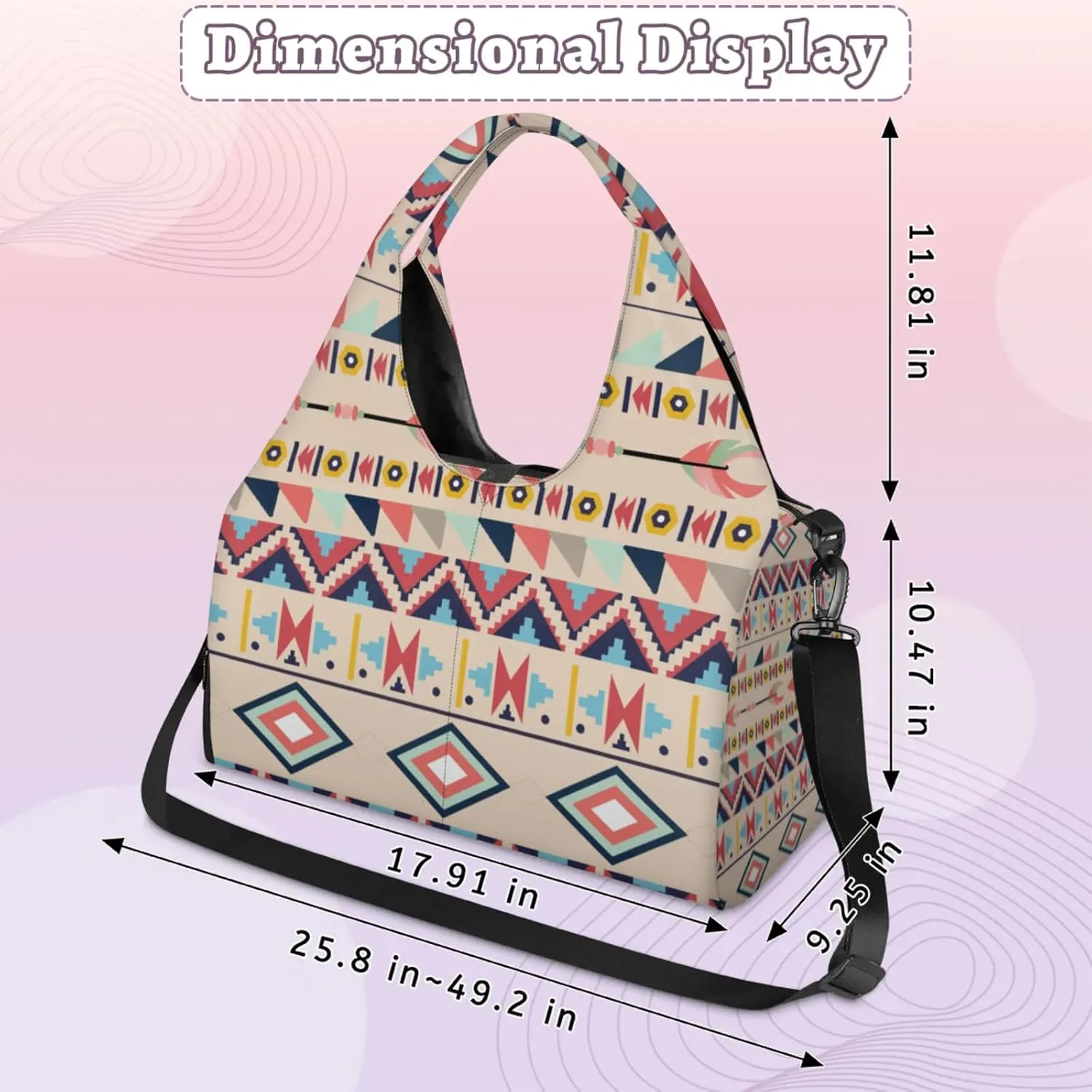 Aztec Boho Style Gym Bag Yoga Mat Tote for Women with Shoes Compartment Lightweight Duffle Travel Carrier Wet Dry Storage Pockets Adjustable Pilates Mats Shoulder Bags for Sport Swim