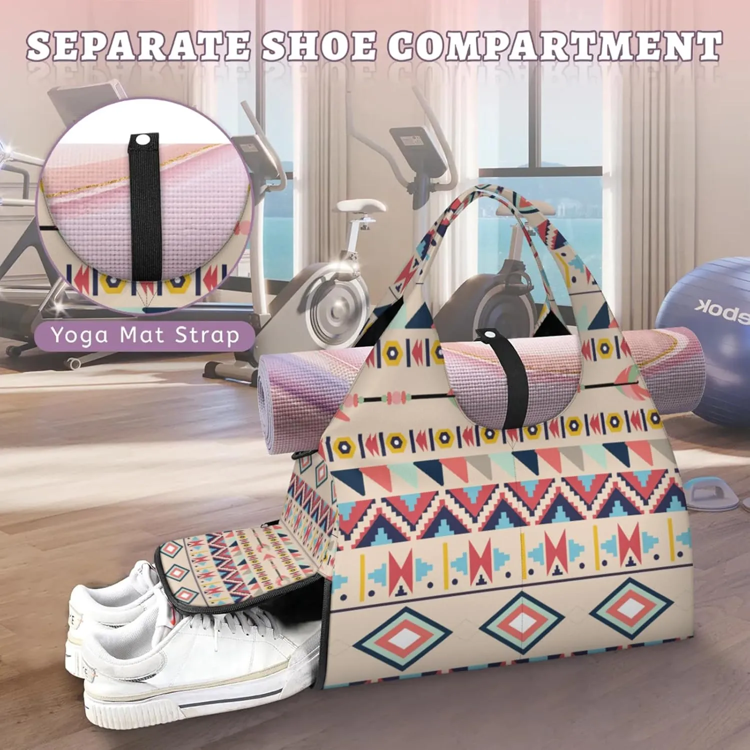 Aztec Boho Style Gym Bag Yoga Mat Tote for Women with Shoes Compartment Lightweight Duffle Travel Carrier Wet Dry Storage Pockets Adjustable Pilates Mats Shoulder Bags for Sport Swim