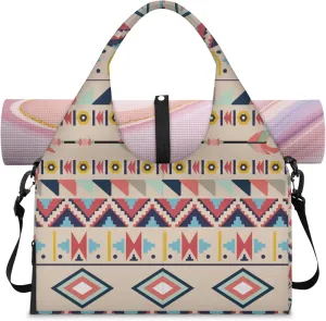 Aztec Boho Style Gym Bag Yoga Mat Tote for Women with Shoes Compartment Lightweight Duffle Travel Carrier Wet Dry Storage Pockets Adjustable Pilates Mats Shoulder Bags for Sport Swim