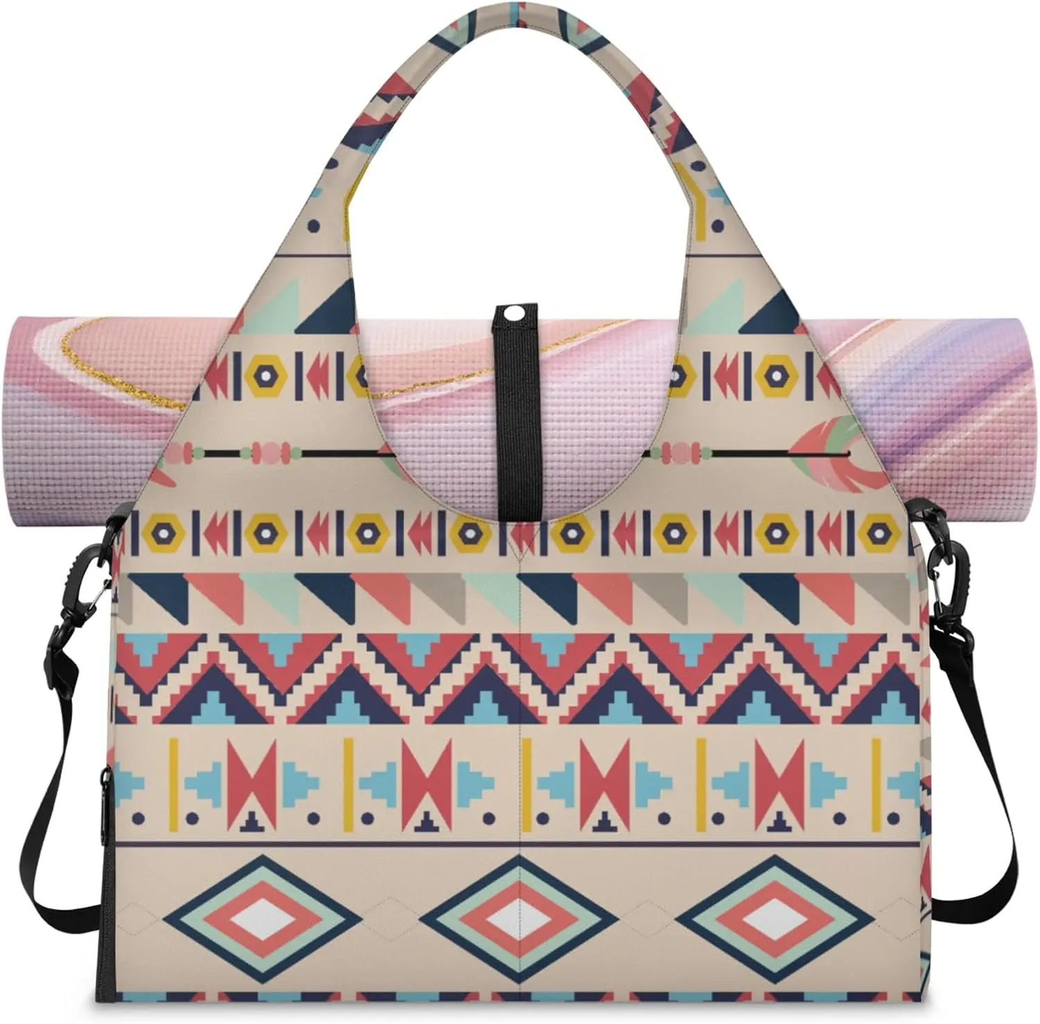 Aztec Boho Style Gym Bag Yoga Mat Tote for Women with Shoes Compartment Lightweight Duffle Travel Carrier Wet Dry Storage Pockets Adjustable Pilates Mats Shoulder Bags for Sport Swim