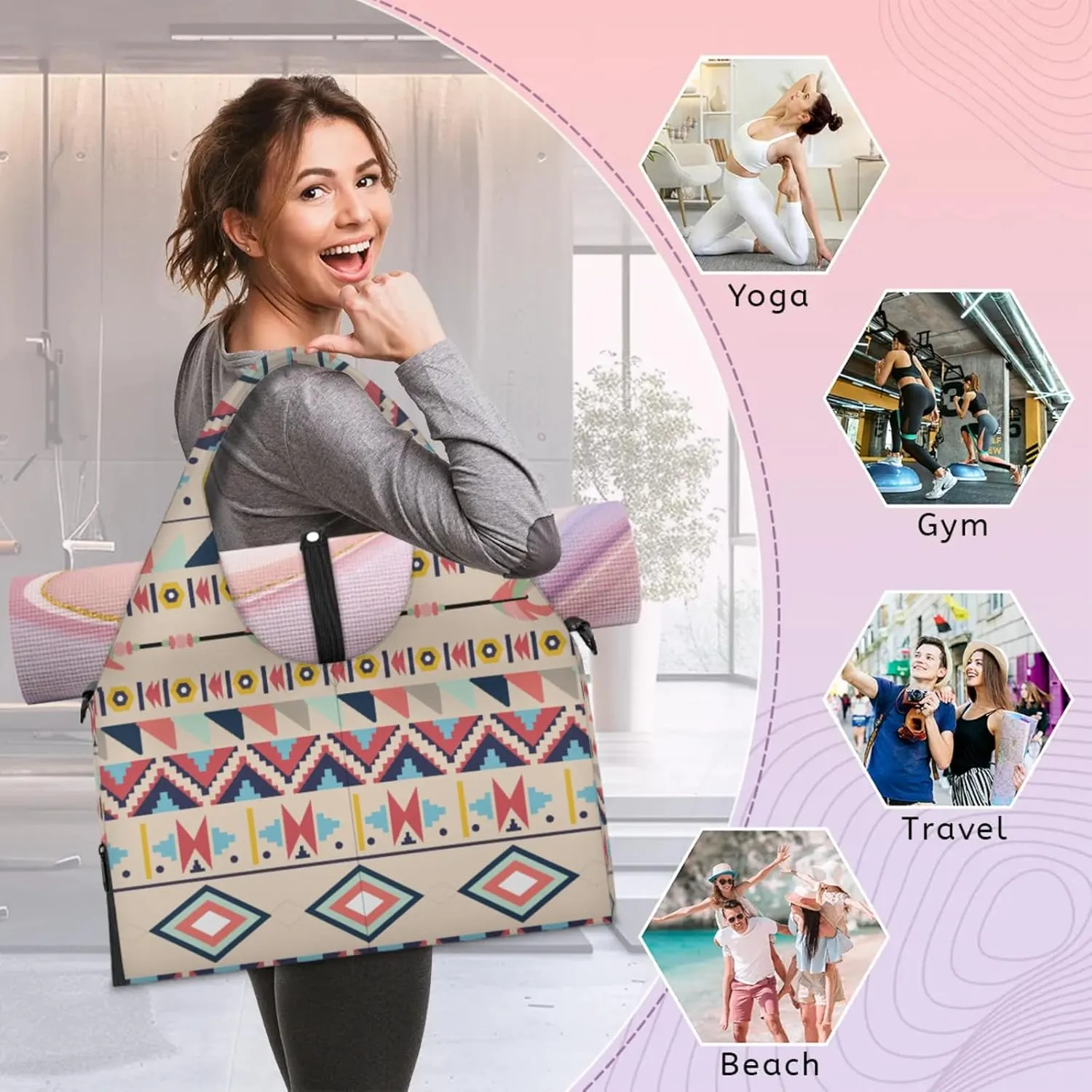 Aztec Boho Style Gym Bag Yoga Mat Tote for Women with Shoes Compartment Lightweight Duffle Travel Carrier Wet Dry Storage Pockets Adjustable Pilates Mats Shoulder Bags for Sport Swim