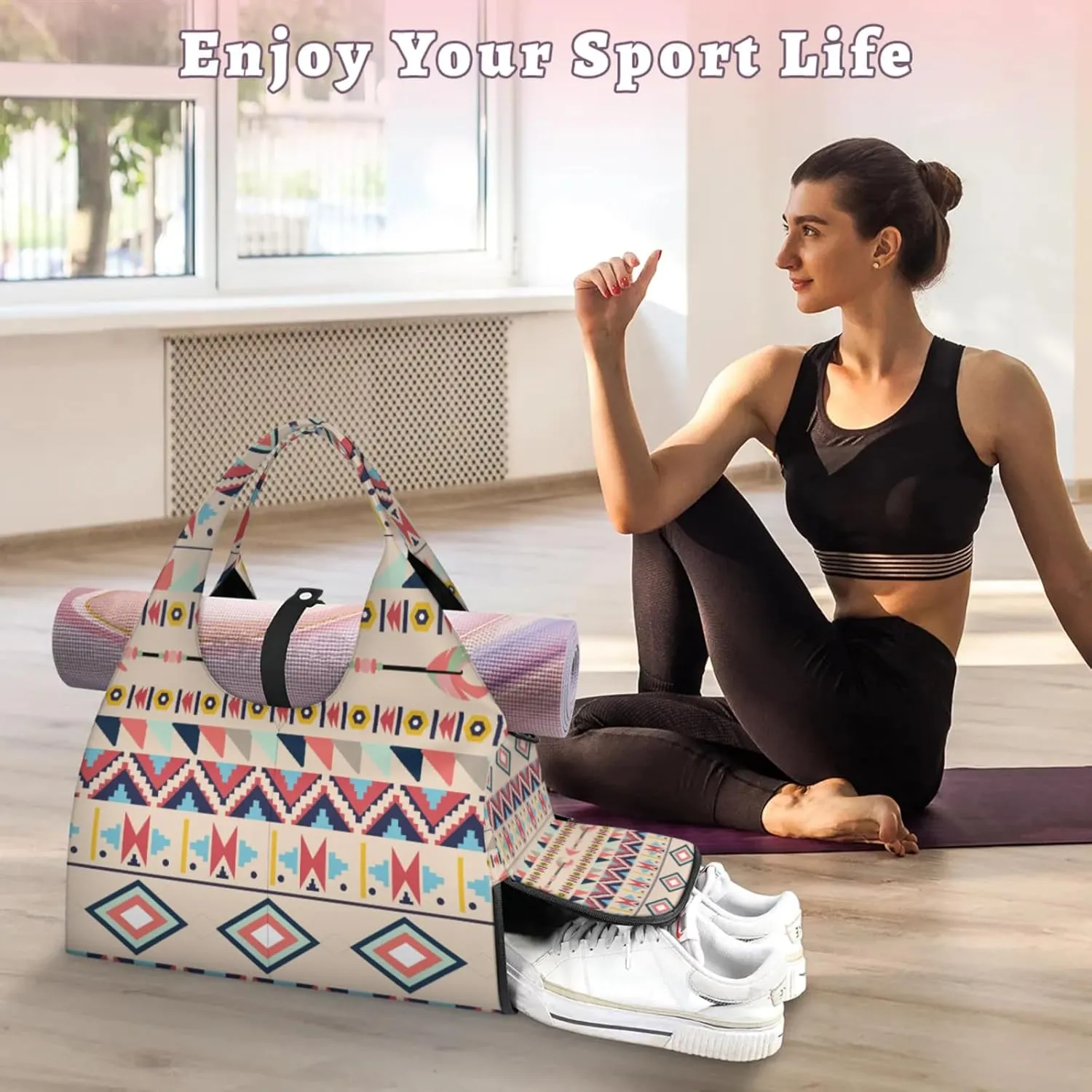 Aztec Boho Style Gym Bag Yoga Mat Tote for Women with Shoes Compartment Lightweight Duffle Travel Carrier Wet Dry Storage Pockets Adjustable Pilates Mats Shoulder Bags for Sport Swim