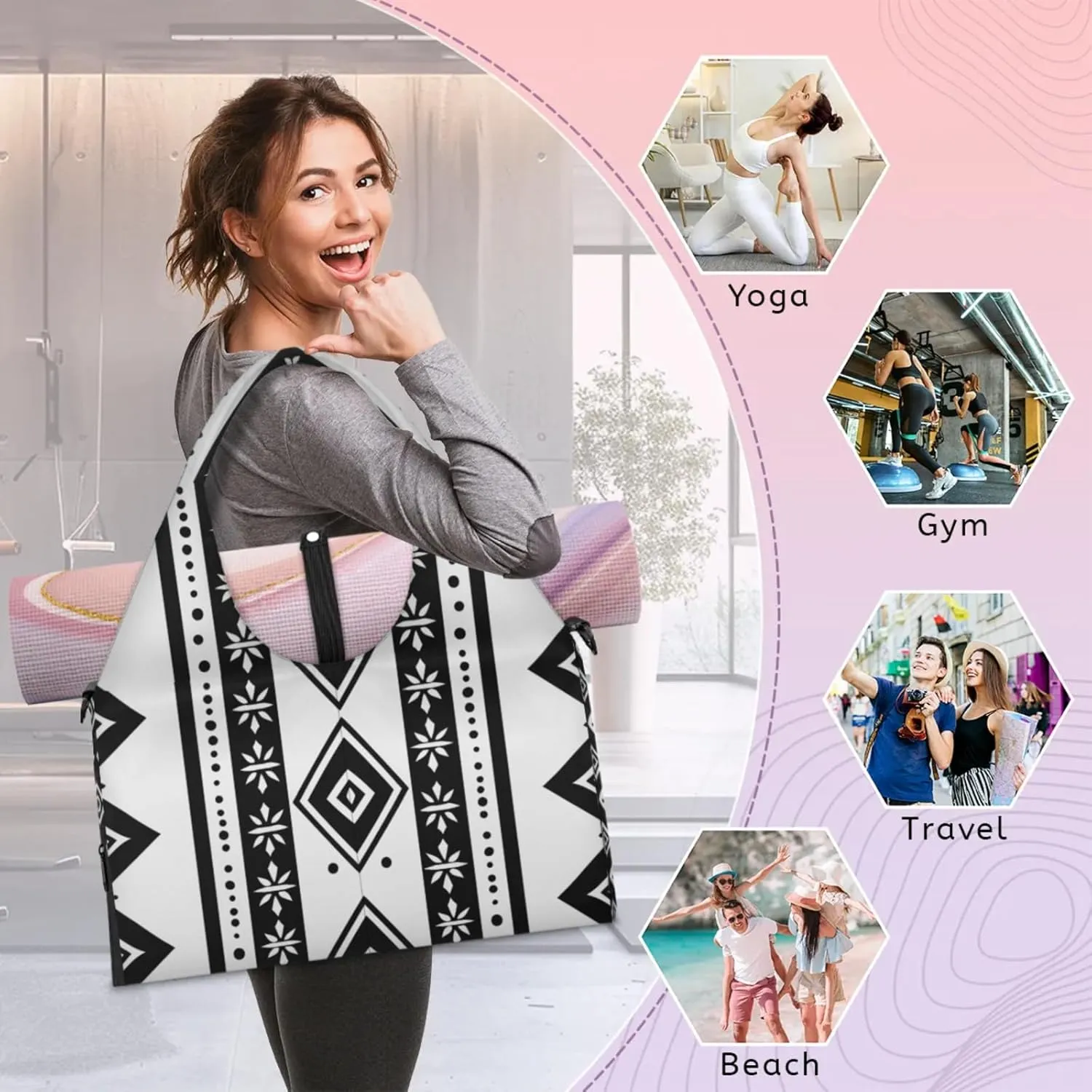 Aztec Paper Decor Gym Bag Yoga Mat Tote for Women with Shoes Compartment Lightweight Duffle Travel Carrier Wet Dry Storage Pockets Adjustable Pilates Mats Shoulder Bags for Sport Swim