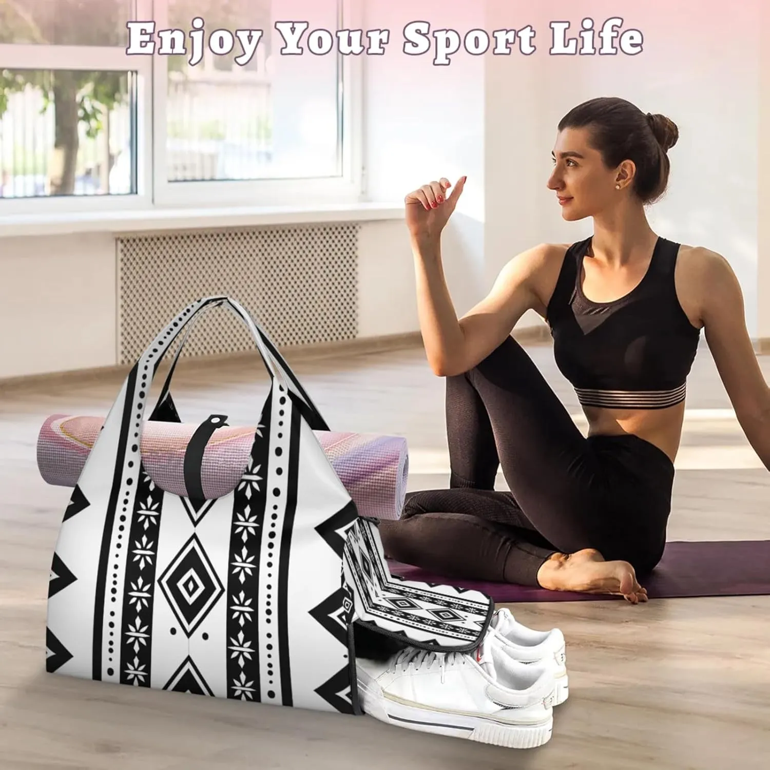 Aztec Paper Decor Gym Bag Yoga Mat Tote for Women with Shoes Compartment Lightweight Duffle Travel Carrier Wet Dry Storage Pockets Adjustable Pilates Mats Shoulder Bags for Sport Swim