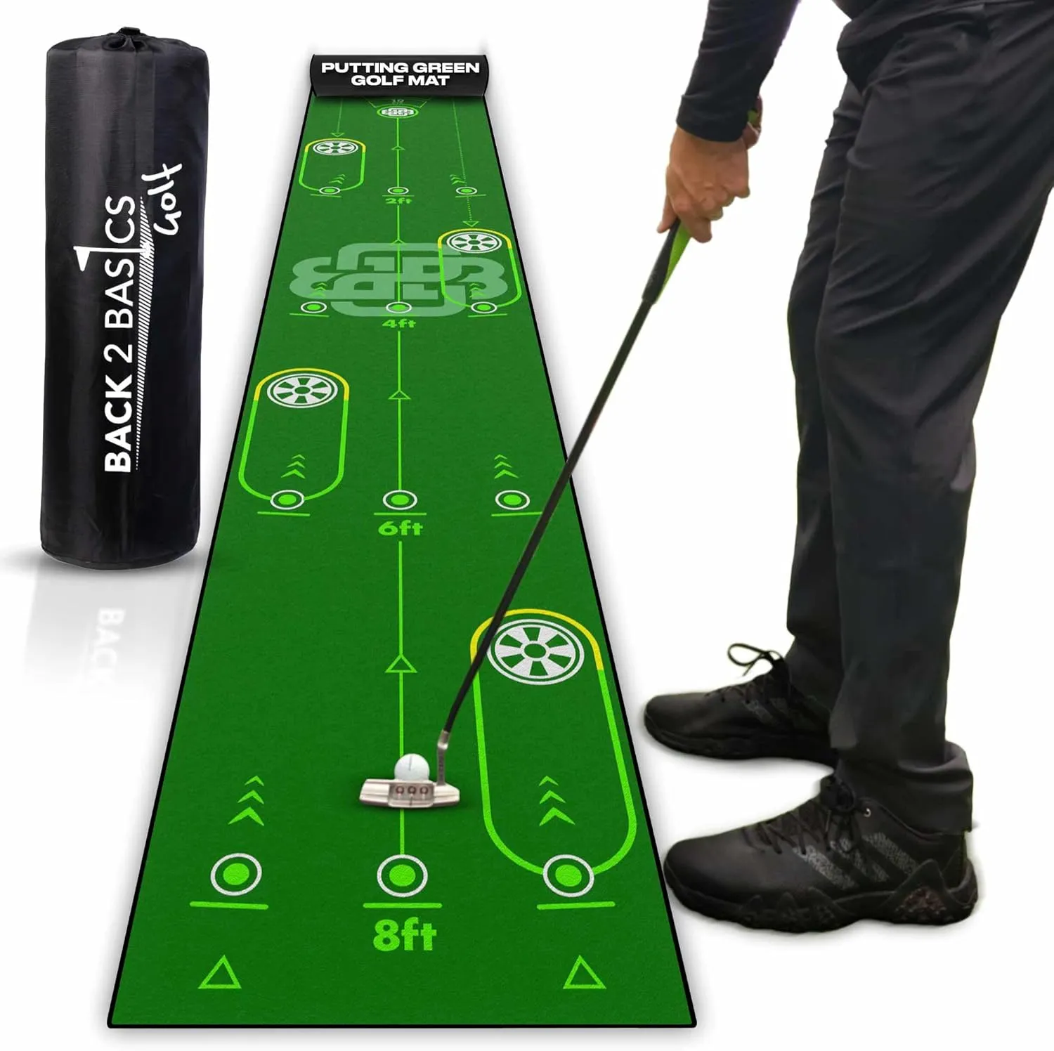 Back 2 Basics 10ft Golf Putting Mat - True-to-Life Green Simulation Golf Putting Mat - Ideal Indoor/Outdoor Training Aid - Created by Expert Golfers - Ideal Golf Gifts for Golf Lovers