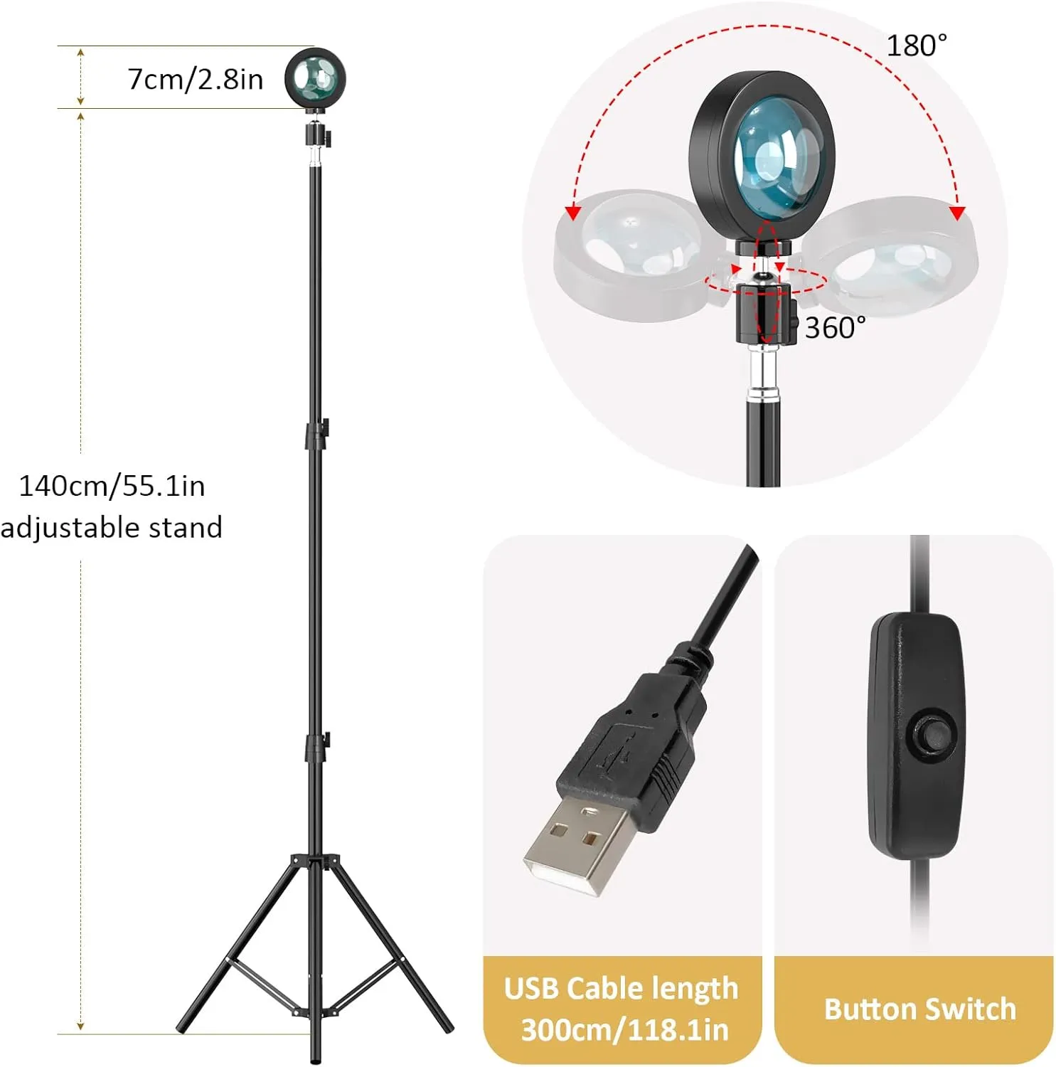 Balkwan Sunset Floor Lamp Projection 140cm Adjustable Stand Led Night Light 360 Degree Rotation Network Light with 3M USB Cable Floor Light for Living Room Bedroom