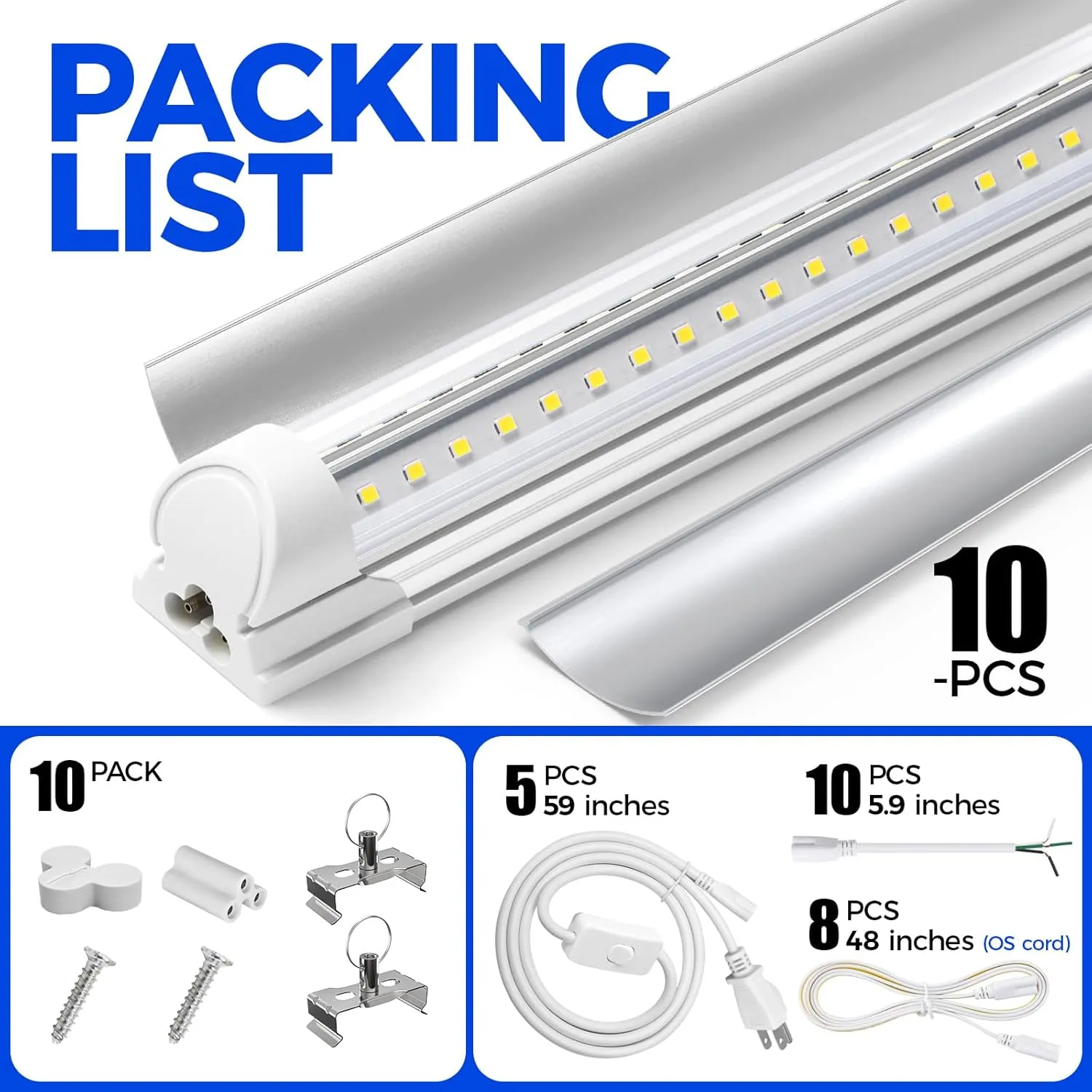 Barrina LED Shop Light 4FT, 40W 5500LM 6500K, Clear Cover Linkable Tube, Integrated T8 Fixture, V Shape Ceiling Light for Garage, Warehouse, Workshop, 10 Packs