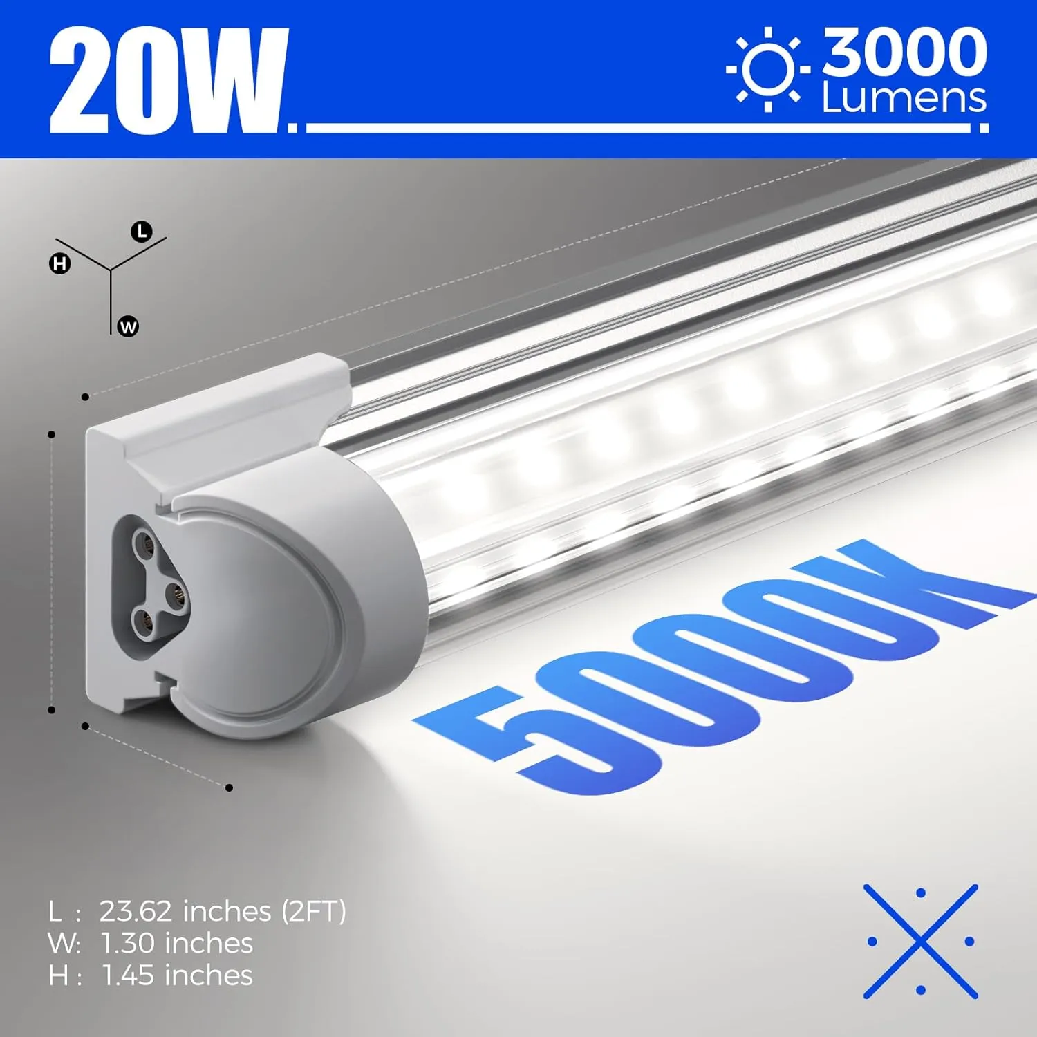 Barrina LED Shop Lights 2FT, 20W 3000LM 5000K, T8 LED Light Fixture, Clear Cover, Ceiling and Utility Shop Light, Linkable Tube Lights for Room, Garage, Workbench, Warehouse, 2 Packs