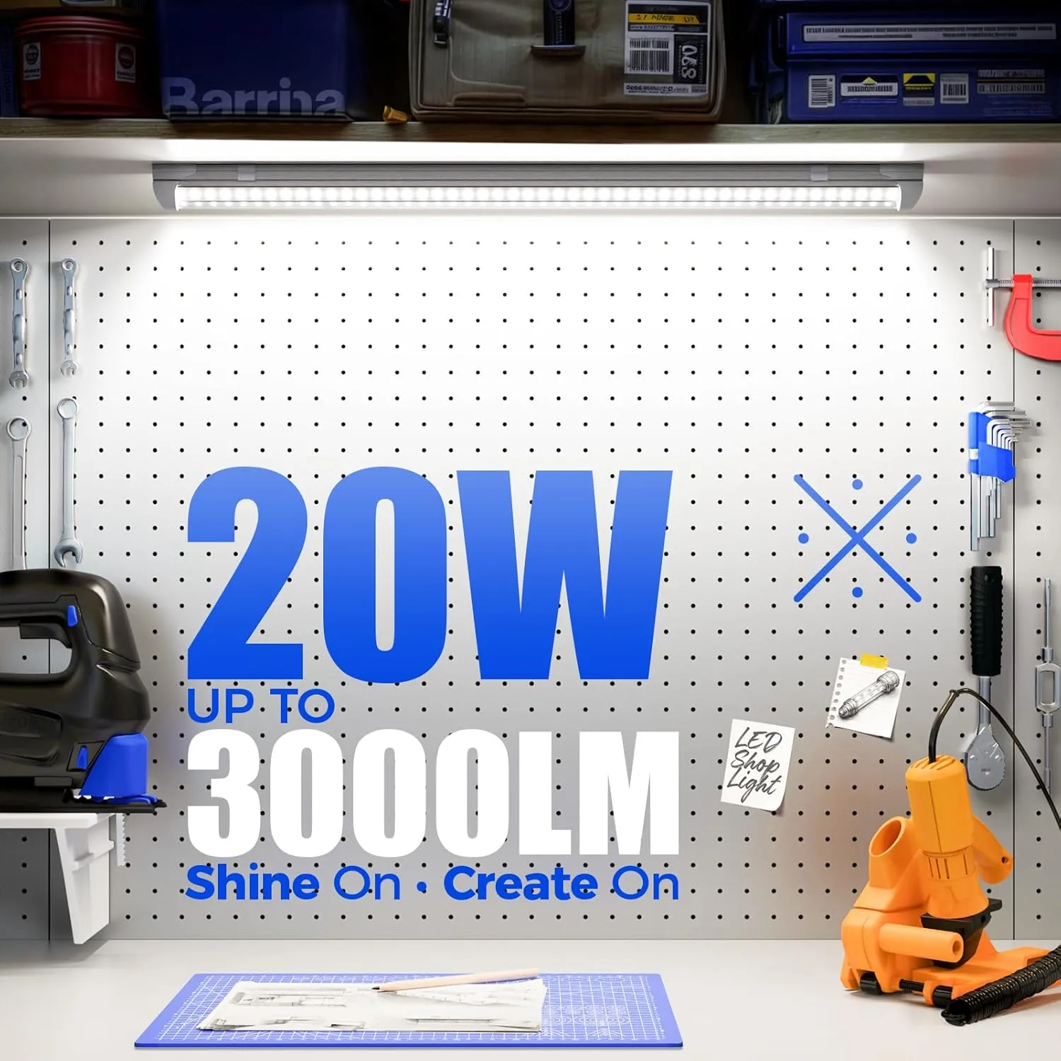 Barrina LED Shop Lights 2FT, 20W 3000LM 5000K, T8 LED Light Fixture, Clear Cover, Ceiling and Utility Shop Light, Linkable Tube Lights for Room, Garage, Workbench, Warehouse, 2 Packs
