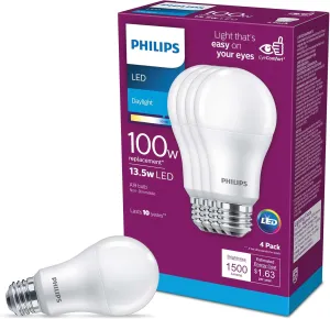 Basic Frosted Non-Dimmable A19 Light Bulb - EyeComfort Technology - 1500 Lumen - Daylight (5000K) - 13.5W=100W - E26 Base - Old Version- Indoor - 4-Pack