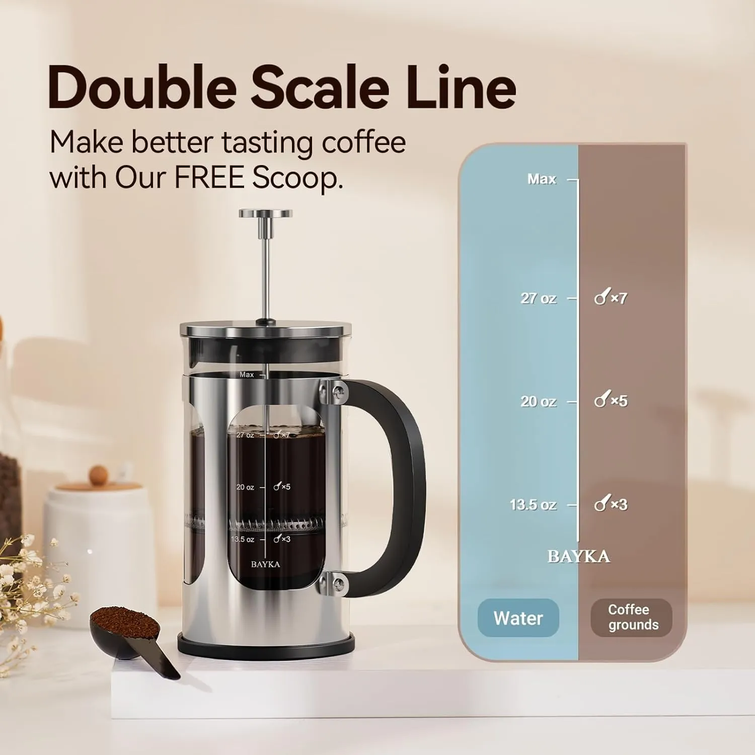 BAYKA 34oz French Press Cold Brew Coffee Maker, Heat and Cold Resistant Thickened Borosilicate Glass Stainless Steel Coffee Press, Iced Coffee Pot Tea Pitcher for Kitchen Travel Camping,1 Liter,Silver