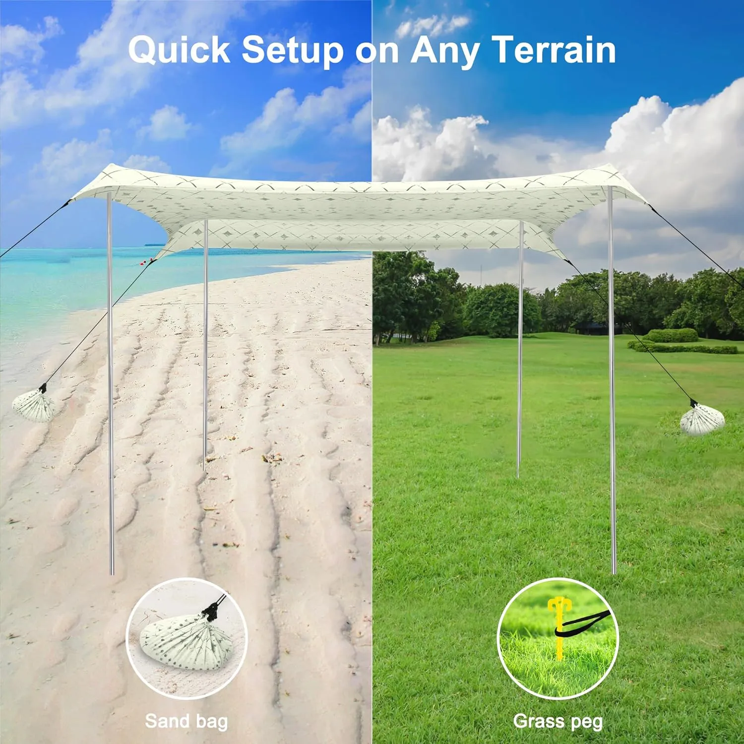 Beach Tent, Beach Canopy Sun Shade UPF 50 , Portable 10×10 FT Camping Sun Shelter with Sandbags, Poles, Ground Pegs and Anti-Wind Rope for Outdoor, Backyard, Picnics, Fishing